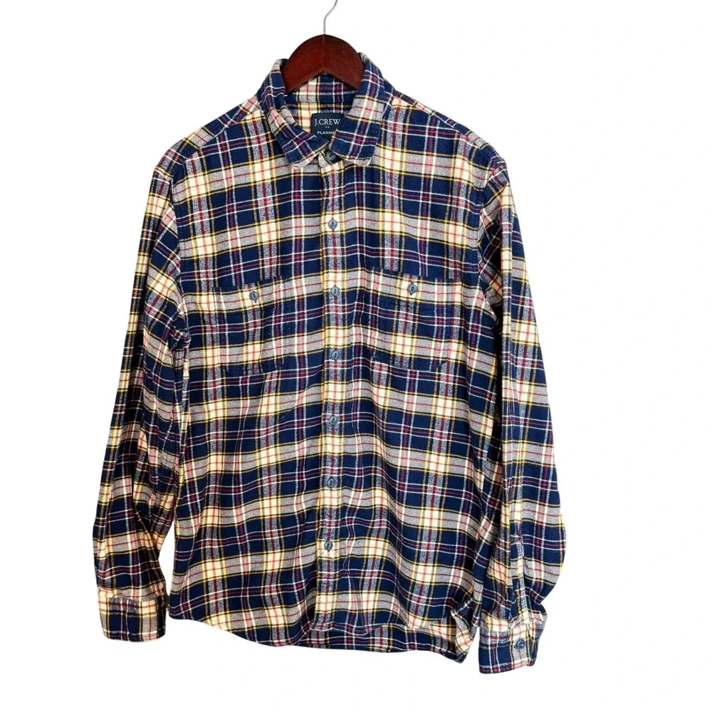 J. Crew Mens Flannel Shirt L Blue Yellow Plaid Cotton‎ Long Sleeve AF877 Y2K